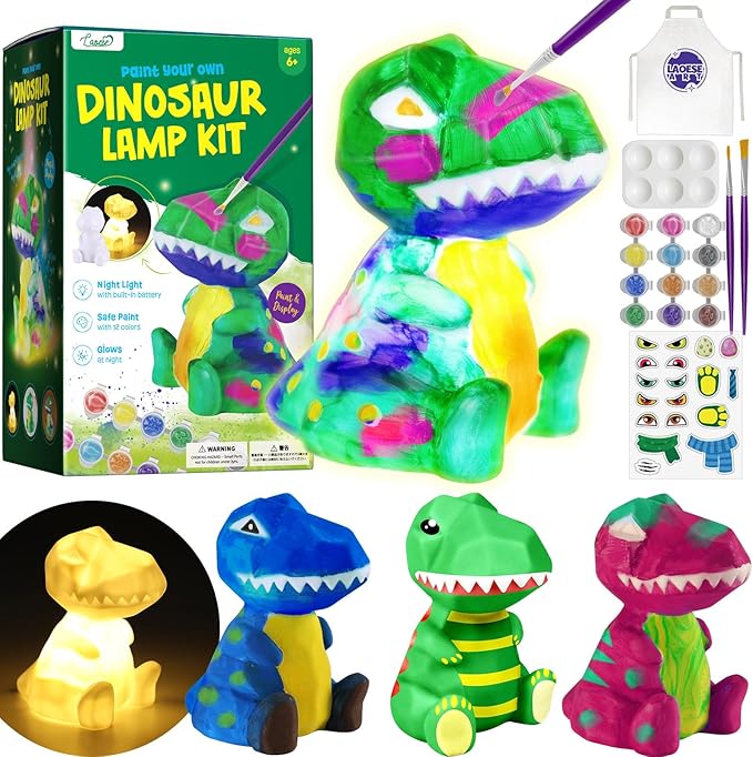 LAOESE Paint Your Own Dinosaur Lamp Kit, Art Supplies Kids Paint Set, Arts and Crafts for Kids Ages 8-12, Dinosaur Toys Girls Boys Birthday Gifts for Kids Ages 3 4 5 6 7 8 9 10 11 12+