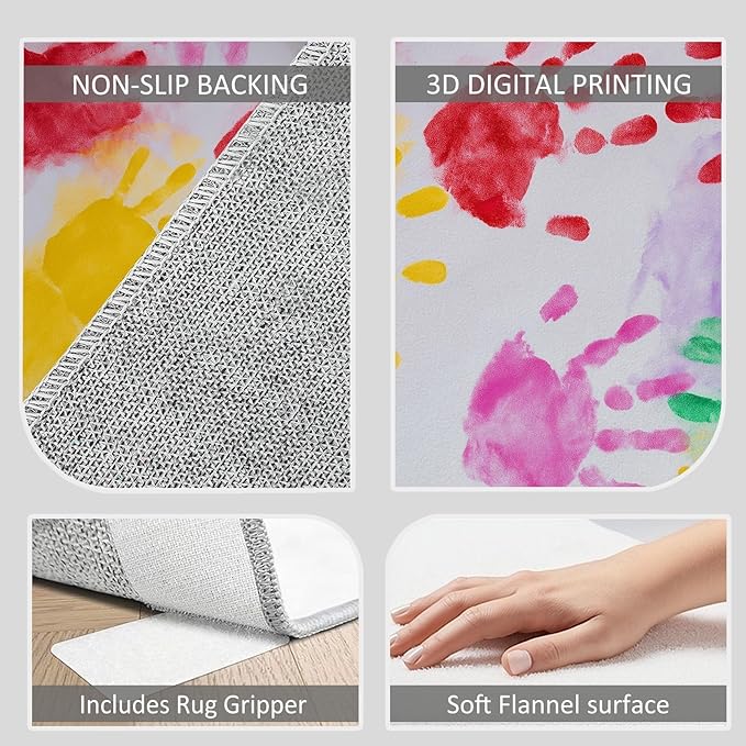 Abstract Handprint Pattern Washable Kids Area Rug 3×10ft Colorful Ultra Soft Non-Slip Rug for Nursery Kids Girls Boys Teen Dorm, Indoor Low-Pile Throw Carpet for Hallway Play Mat