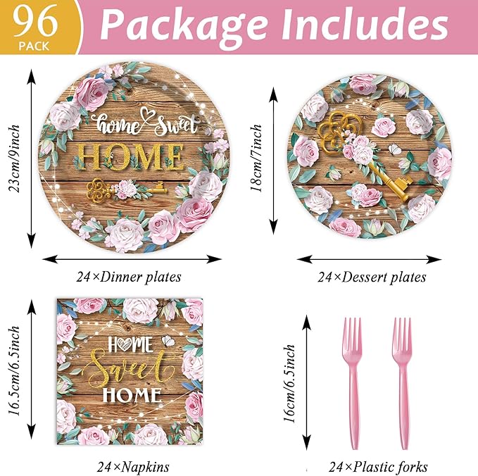 96 Pcs House Warming Decoration Party Plates Napkins Tableware Set Housewarming Paper Party Supplies Disposable Dinnerware Sweet Home Rustic Floral Party Decoration Favors for New House, 24 Guests