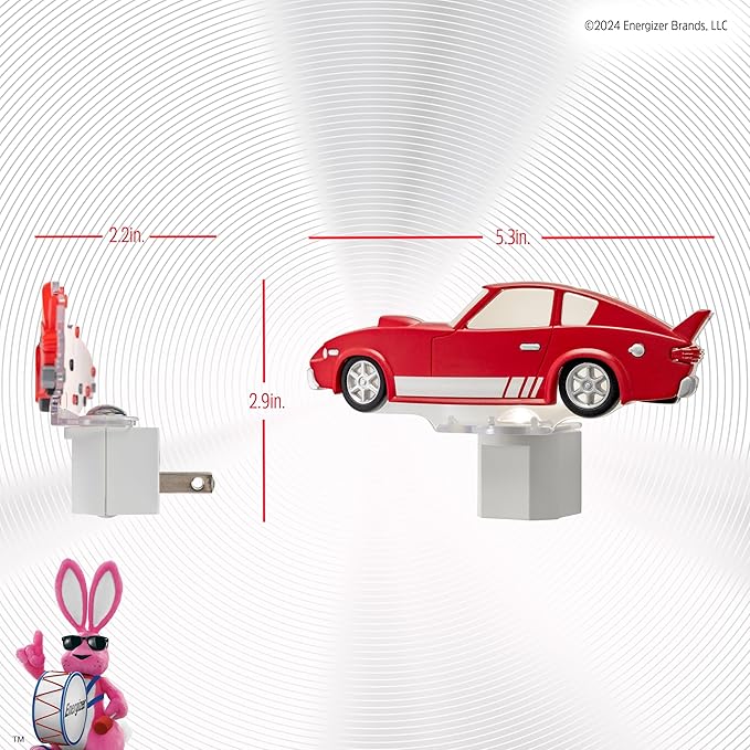 Energizer Race Car Night Light, Light Sensing, LED, Soft White, 3000K, Red, Nightlight for Bedroom, Bathroom, Nursery, Hallway, Kitchen, 1pk, 82404