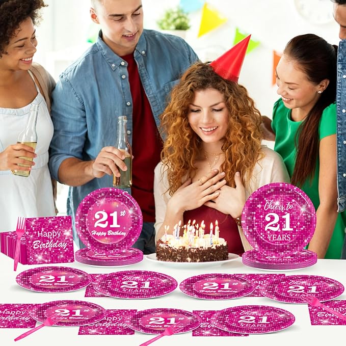 96 Pcs Hot Pink Disco Birthday Party Plates Napkins Tableware Set Pink 21th Supplies Disposable Dinnerware Happy 21 Years Old Decoration Favors for 21th Disco Theme Party Favor, 24 Guests