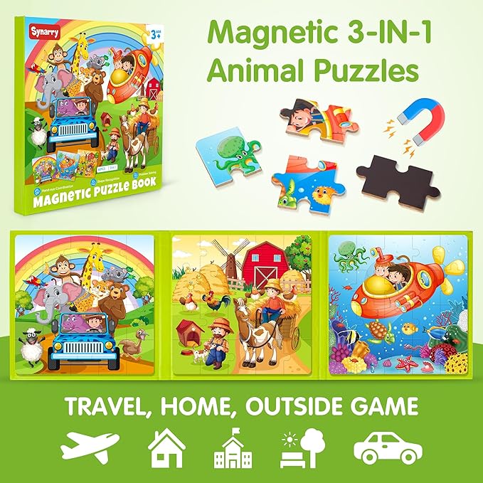 SYNARRY Magnetic Puzzles for Kids Ages 3-5, 20 Pieces Toddler Animal Puzzles for Kids Ages 4-6, Easter Basket Stuffers Gifts for Kids, Car Airplane Road Trip Activities Magnet Games Toy for Boys Girls
