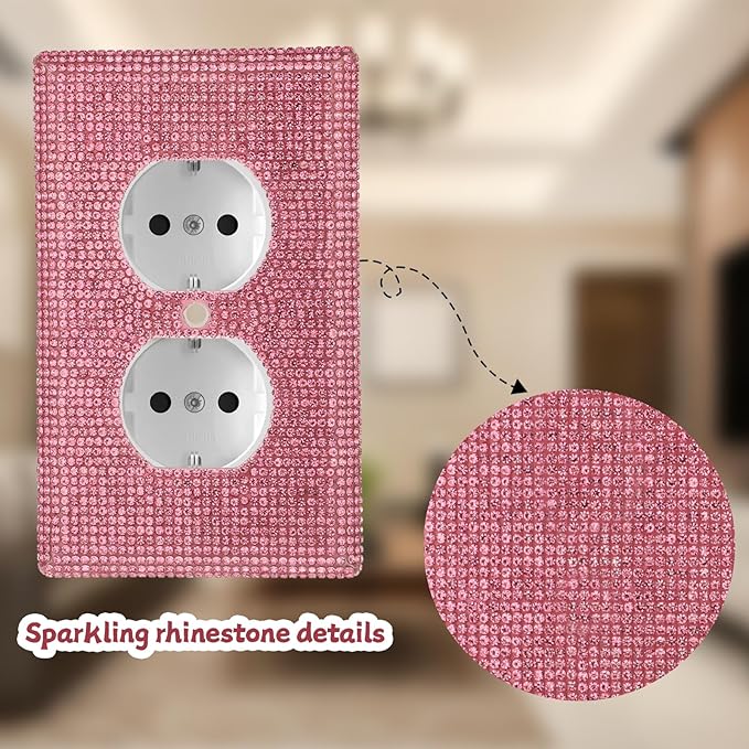 2 Pcs Outlet Covers Wall Plate, 4.5" x 2.8" Pink Rhinestone Socket Covers Bling Decorative Duplex Light Switch Cover for Women Girls Bedroom Home Decor