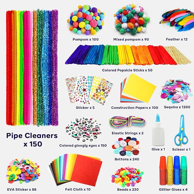 FUNZBO Arts and Crafts Supplies for Kids -Toddler Crafts Kits with Glue Stick Pipe Cleaners Construction Paper Pom Poms Googly Eyes, Crafts for Kids Ages 4-8, Birathday Gifts for Girls