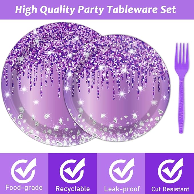 96 Pcs Purple Silver Tableware Set for Birthday Party Decor Disposable Dessert Plates Napkins Forks for 24 Guests Elegant Purple Tableware for Women Girls Baby Shower Bridal Shower Party Supplies