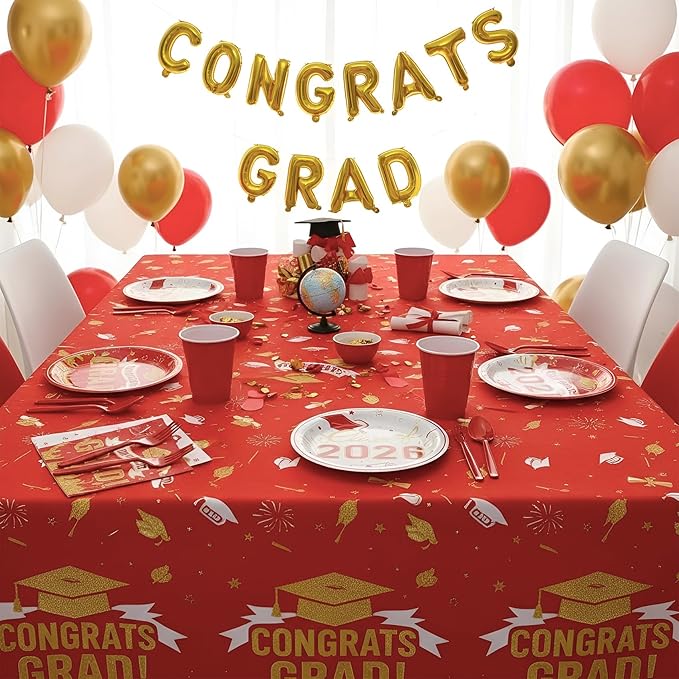 Graduation Plates and Napkins Party Supplies 2026 Graduation Decorations for 24,Red Disposable Grad Plates Class of 2026 Dessert Plates Napkins,Tablecloth,Forks,for Congrats Grad Party Decorations