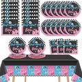 Qyeahkj Burnouts or Bows Gender Reveal Party Supplies Serves 24 Baby Boy or Girl Party Paper Plates Napkins Gender Reveal Tablecloth Set Tableware Kit for Baby Shower