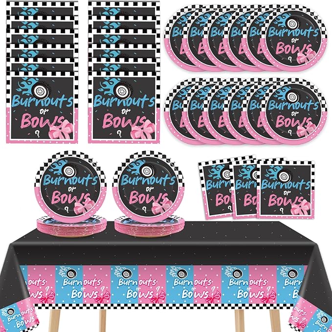 Qyeahkj Burnouts or Bows Gender Reveal Party Supplies Serves 24 Baby Boy or Girl Party Paper Plates Napkins Gender Reveal Tablecloth Set Tableware Kit for Baby Shower
