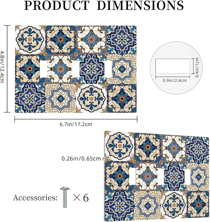 Decorative Switch Plates Mandala Decorative Tile Talavera Moroccan Tiles 3 Gang Wall Plate Faceplate Triple Toggle Light Switch Cover Electrical Wall Panels for Bedroom living Room Decor