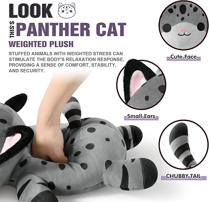 Onsoyours Original Weighted Panther Cat Plush, Cute Hugging Black Leopard Kitty Weighted Stuffed Animal, Soft Collectible Gift for Kids & Adults(9.8", 1.0 Lbs)