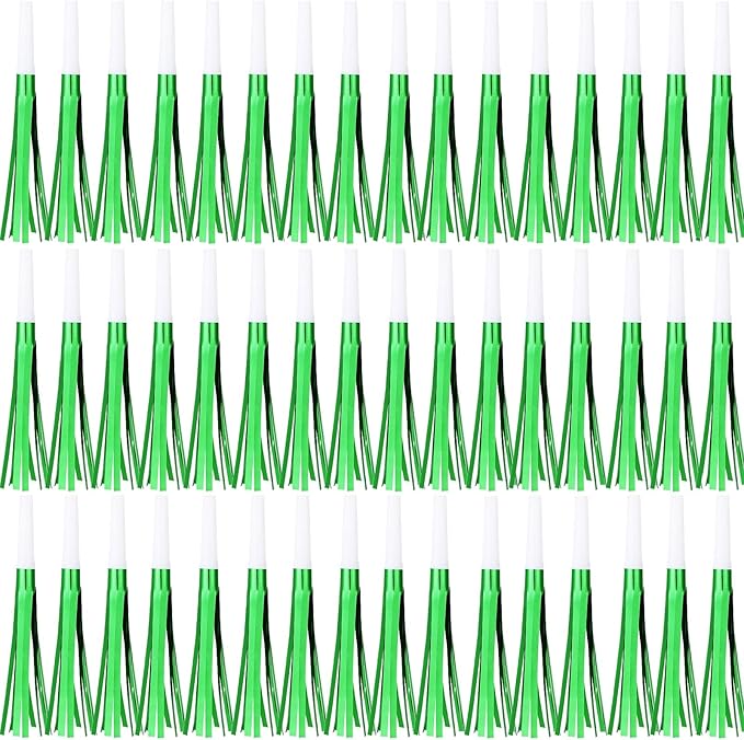 48 Pcs Green Noise Horns Makers Glitter Metallic Fringed Party Blowers for St. Patrick's Day, Baby Shower, Kids Birthday, New Year Party Favor - White Green