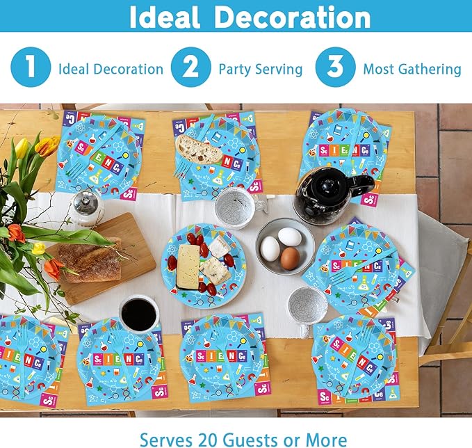 chiazllta Science Party Supplies Tableware Set for 20 Guests Little Scientist Party Birthday Plates Laboratory Decorations Includes 7inch Plates, Napkins, Tablecloth Favor