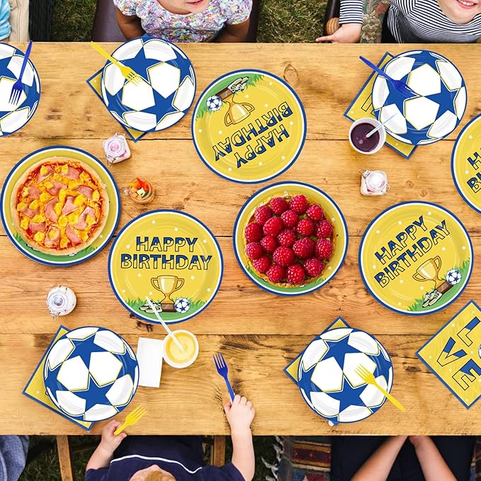 96Pcs Soccer Birthday Party Supplies Blue Yellow Football Plates and Napkins Blue Gold Soccer Star Champion Tableware Set for Football Fan Birthday Baby Shower Sport Party Supplies Serves 24