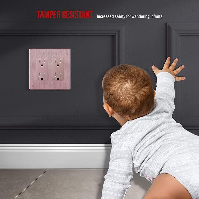 ENERLITES Elite Series Screwless Decorator Wall Plate Child Safe Outlet Cover, Gloss Finish, Size 2-Gang 4.68" H x 4.73" L, Unbreakable Polycarbonate Thermoplastic, SI8832-BRG, Brushed Rose Gold