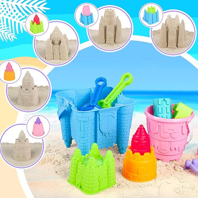 Beach Toys, Creative Sand Toys for Kids Boys and Girls, Sand Castle Building Kit with Stack Castle Buckets, Tools, Mesh Bags, Character Molds for Role Play, Outdoor Toys for Toddlers Kids Ages 3-10