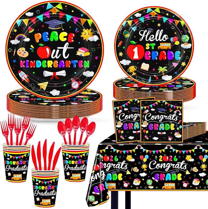 Kindergarten Graduation Decorations 169 Pcs 2026 Congrats Grad Plates Napkins Cups Tablecloth Tableware Set Peace Out Kindergarten Graduation Party Supplies Serve 24