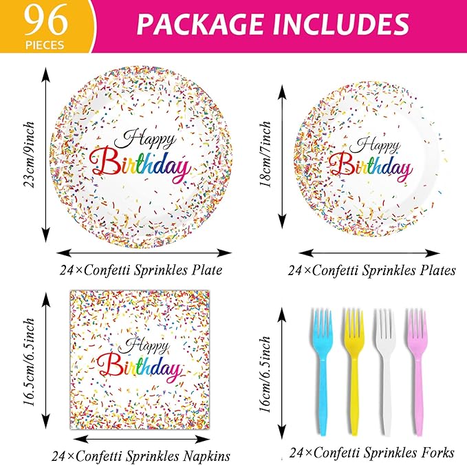 96 Pieces Happy Birthday Plates and Napkins Party Supplies for Confetti Sprinkles Theme Table Decorations Pastel Birthday Party Tableware Donut Paper Plates Napkins Forks Favors for 24 Guests.