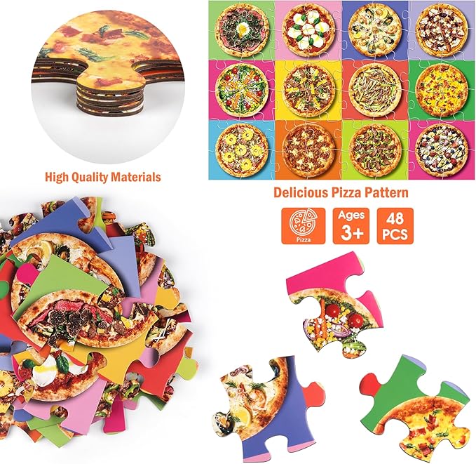 Jumbo Floor Puzzle for Kids,48 Piece Pizza Jigsaw Puzzles,Learning Educational Foods Toys for Toddlers Ages 3-5,Colorful Design Children Gift for Boy Girl Ages 4-8