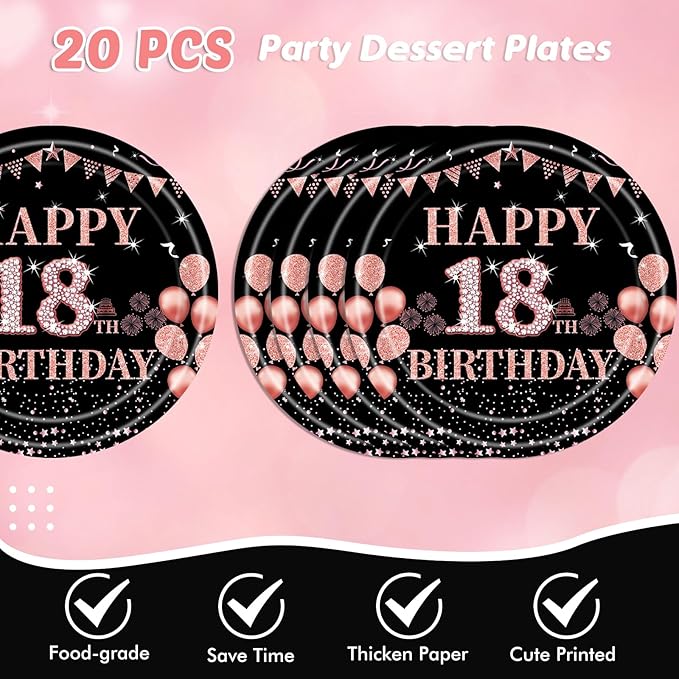 62Pcs 18th Birthday Decorations for Girls Her, Rose Gold Birthday Party Supplies Include 20 7''Plates 20 9'' Plates 20 Napkins and 2 Tablecloth, Rose Gold Princess Party Tableware for 20 Guests