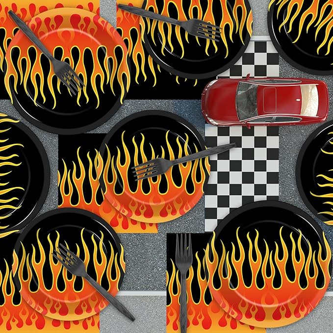 96Pcs Flame Racing Party Plates and Napkins for Fire Flame Birthday Party Supplies Motorcycle Themed Paper Dessert Plates Fire Heroes Tableware Set for Kids Boys 24 Guests Birthday Party Decorations