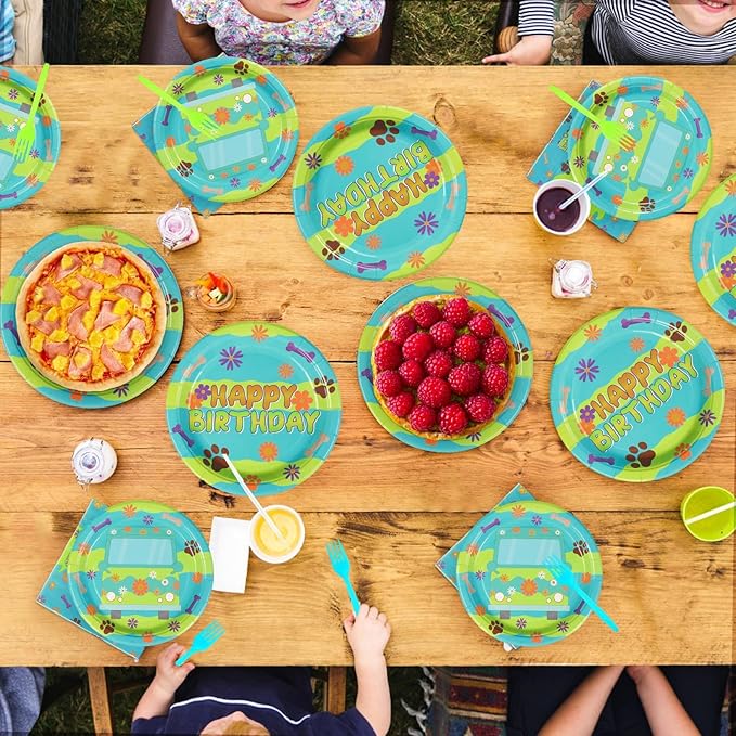Grencian 96Pcs Mysterious Dog Birthday Party Supplies Blue Green Dog Plates and Napkins Carton Dogs Paw Tableware Set for Kids Birthday Baby Shower Party Supplies