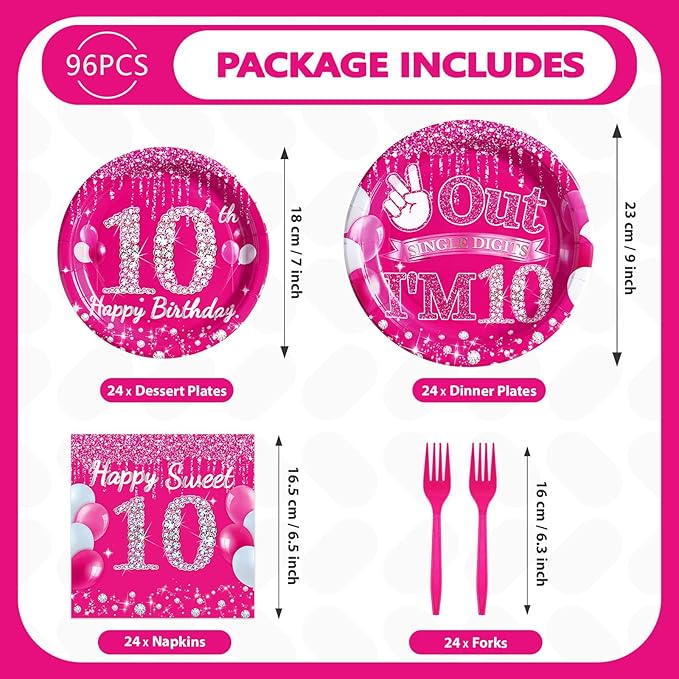 Grencian 96Pcs 10th Birthday Decorations for Girls Hot Pink 10th Birthday Party Plates Disposable Double Digits Paper Tableware for Girl 10 Year Old Happy Birth-day Party Supplies, Serves 24