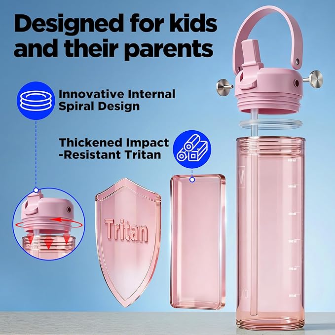 20oz Kids Water Bottle, BPA Free Thick Tritan Plastic Reusable, Clear Water Bottle with Straw, Leakproof Lid, Dishwasher Safe, Boy girl for School,Travel Pink