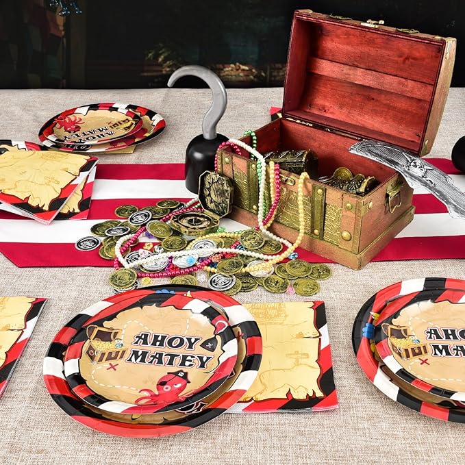 WERNNSAI Pirate Party Plates and Napkins - Pirate Birthday Party Supplies Bundles for Boys Kids Disposable Luncheon Dinner Dessert Cake Plates Napkins Tableware Set Serves 16 Guests 48 Pieces