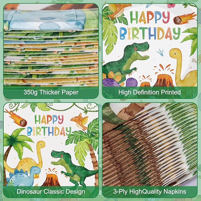 40 Pcs Dinosaur Plates and Napkins Sets - Happy Birthday Dino Party Supplies Tableware, Watercolor Disposable Paper Plates Napkins Kit for Dinosaur Birthday Party Decorations Table Decor, Serves 20
