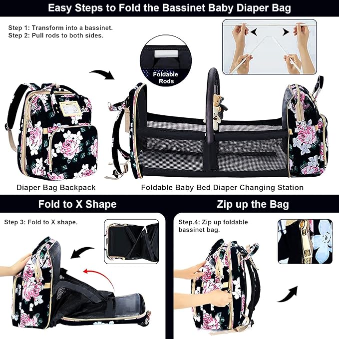 GurZinn Diaper Bag Backpack Waterproof Baby Bag Large Capacity Multifunction Nappy Bags Floral Insulated Durable Travel Maternity Back Pack with Changing Station for Baby （Black）