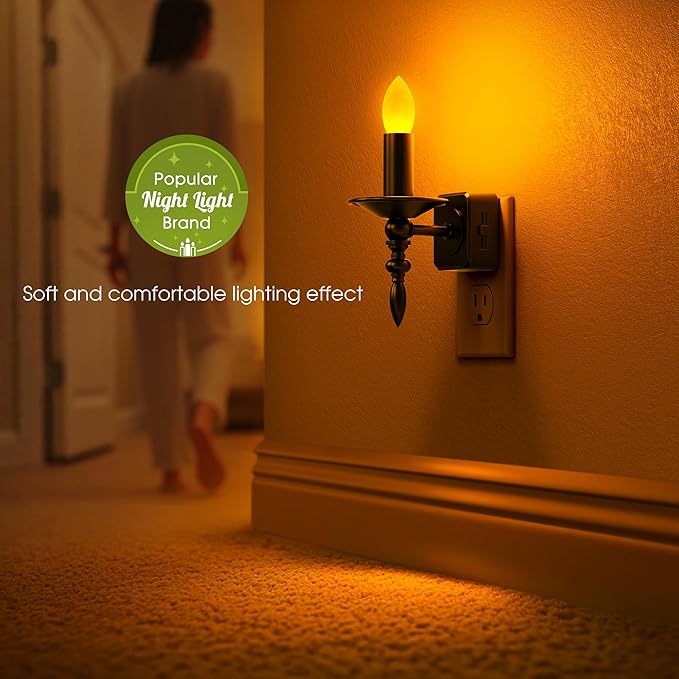 Briignite Flameless Candle Night Lights Plug into Wall, Amber LED Night Light with Dusk to Dawn Sensor, 0-100LM Dimmable Plug in Chandelier Night Light for Kids, Hallway, Bathroom, Bedroom