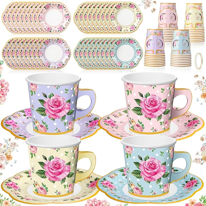 Umigy 36 Sets Mother's Day Tea Party Decorations 9 oz Floral Paper Teacups & Saucer Set for Girls Women Tea Parties Mothers Day Bridal Shower Wedding Birthday Party Decorations(Mixed Color)
