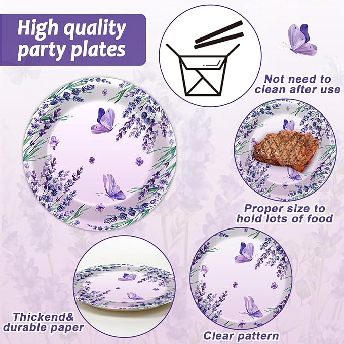 96 Pcs Spring Purple Party Supplies Lavender Paper Plates Napkins Watercolor Floral Cake Dessert Tableware Set Flower Butterfly Dinnerware for Summer Birthday Party Shower Decoration Serve 24