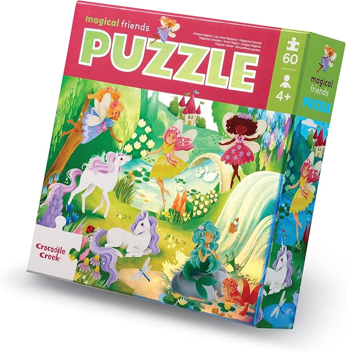 Crocodile Creek 60-Piece Holographic Foil Floor Puzzle for Kids Ages 4-8 and Up - Heavy-Duty Box for Storage - Magical Friends - 14” x 19” Finished