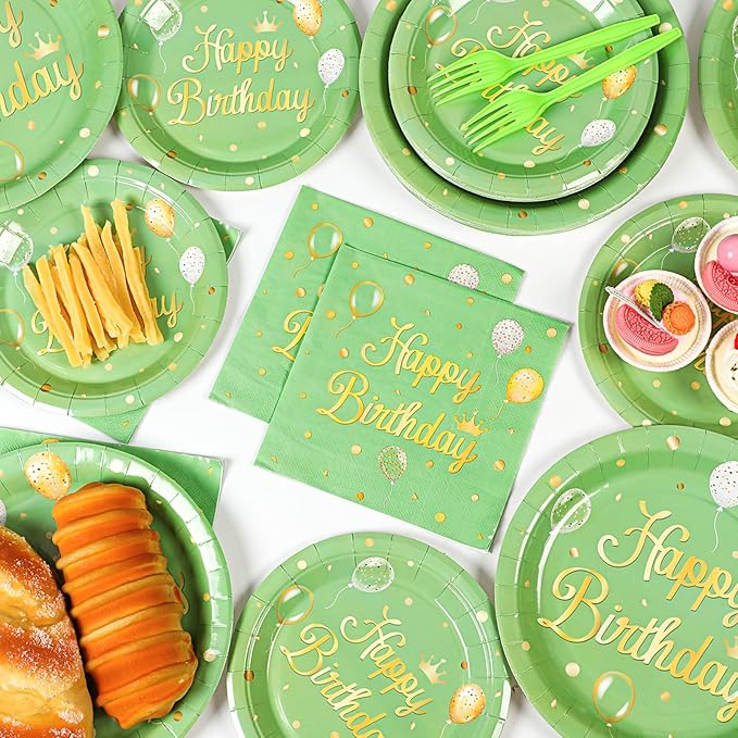 Qyeahkj 100 Pcs Sage Green Birthday Party Supplies Olive Green Gold Paper Plates Napkins Forks Tableware Set Disposable Greenery Happy Birthday Party Decorations for Women Men Girls Favors Serve 25
