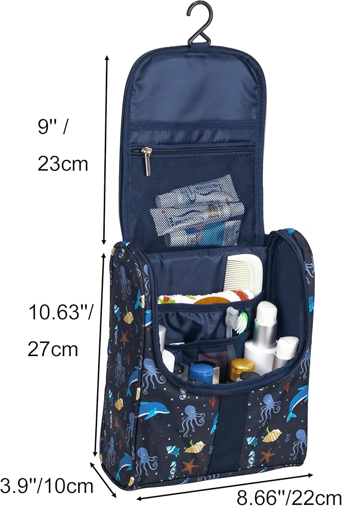 Remobia Hicol Cute Cartoon Hanging Kids Toiletry Bag Children Travel Cosmetic Makeup Organizer Wash Bag Shower bag Over Night Bag Camping Shaving Kit Bag for Boys & Girls (Sea World)