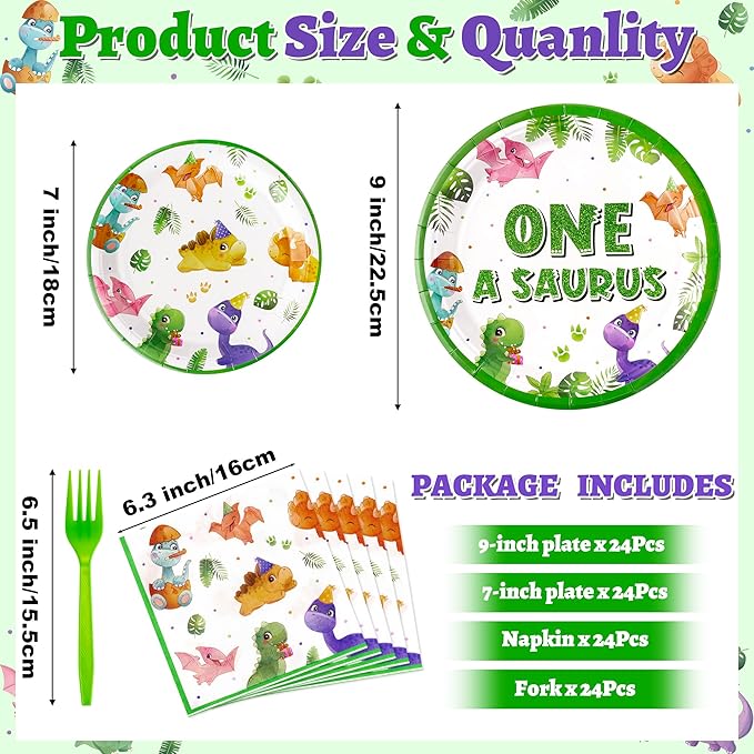 Dinosaur 1st Birthday Party Supplies - 96Pcs Watercolor One A Saurus Plates Napkins Forks Tableware Set, Dinosaur Theme Disposable Party Decoration for Boys Kids First Birthday Table Decor, Serve 24