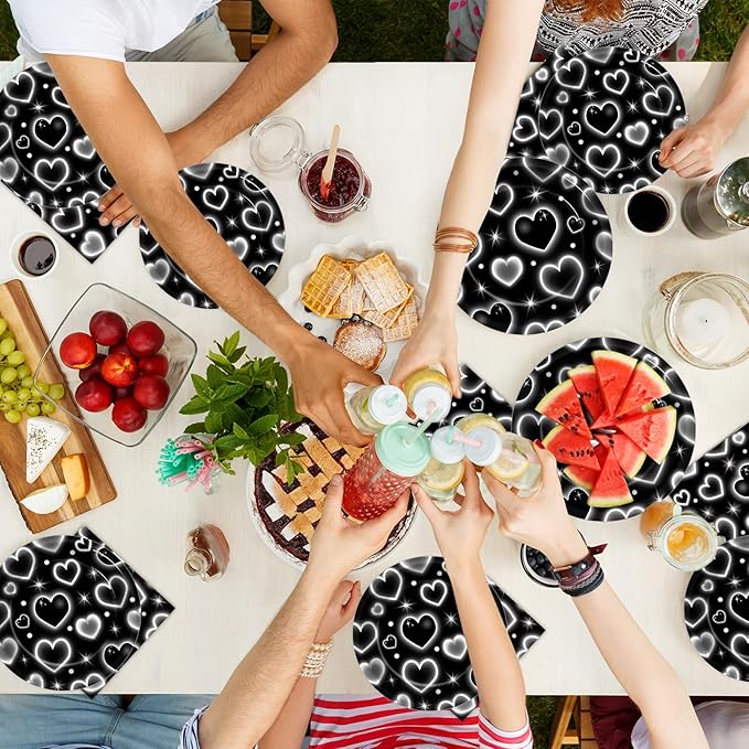 Qyeahkj 100 Pcs 2000s Party Plates Napkins Forks Set Black Heart Tableware Supplies Y2k Theme Birthday Party Decoration Early 2000s Dinnerware Decorations Favors for Birthday Party Serve 25