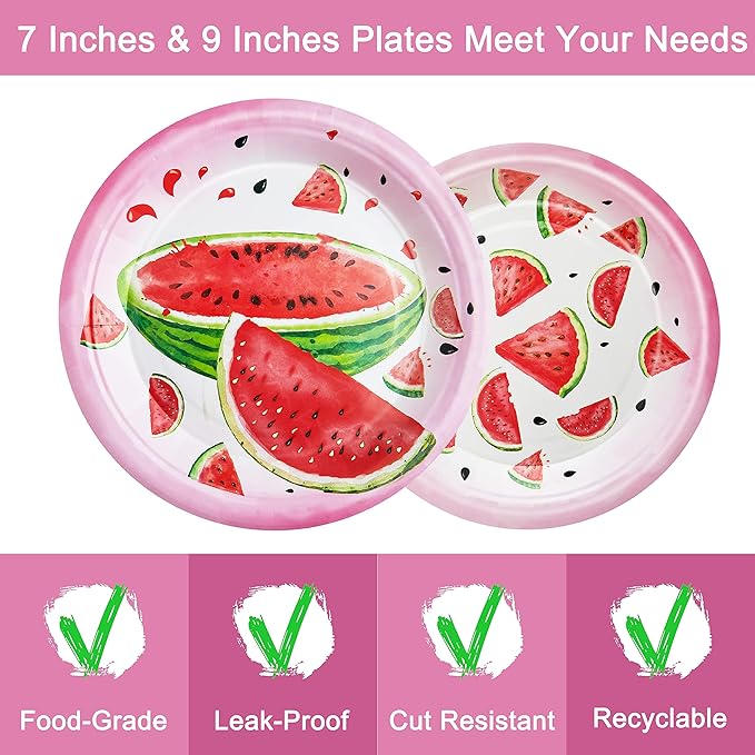 96 Pcs Watermelon Birthday Party Plates Napkins Forks Supplies Tableware Set Disposable Table Watermelon Theme Decoration for Girl Birthday Party or Summer Party, Serves 24 Guests