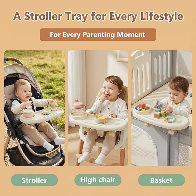 Li&Zhao Universal Stroller Snack Tray 3-in-1 Detachable Stroller Snack Tray Attachment with Secure Phone Holder, Spill-Proof Cup Holders Compartments, Easy-Clean Universal Snack Tray for Stroller