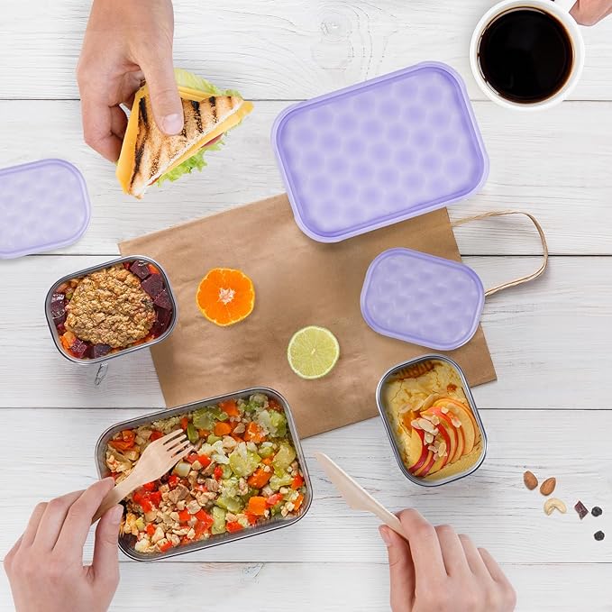 Tanjiae Small Stainless Steel Lunch Containers for Kids | Leak Proof BPA Free Snack Containers with 100% Pure Silicone Lids - Perfect Metal Lunch Box with Lids for School and Daycare (25oz+8oz*2)
