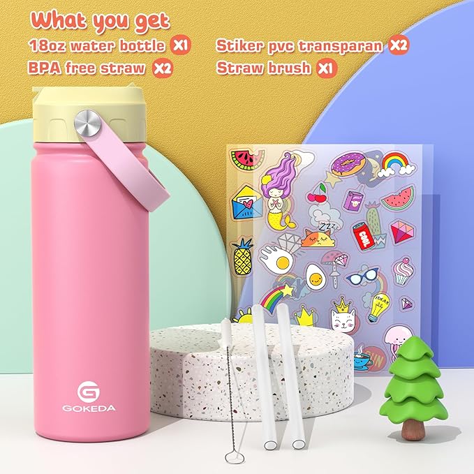GoKEDA 18oz Kids Water Bottle, Insulated Bottles with Stickers, 18/8 Stainless Steel Vacuum Leak Proof Straw Cup for School, Gifts for Boys Girls(YelloPink)