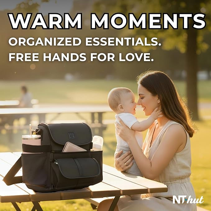 NT·hut Baby Stroller Organizer, Stroller Caddy Bag with 2 Wide Cup Holders & Bottle Straps, Universal Strap Fit, Fits 11" Tablet, Magnetic Pocket, Zipper & Mesh Pockets, Water Resistant 600D (Black)