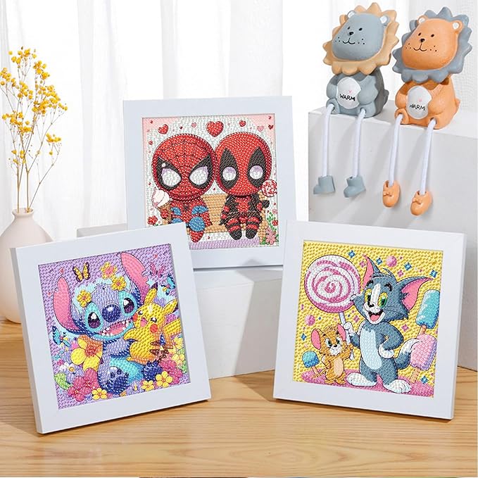 Fuinkqe 4 Packs Cartoon Diamond Art Kits for Kids,5D DIY Diamond Art Painting Kits for Kids Ages 4-8-12,Mosaic Kits Full Round Drills for Gifts and Home Wall Decor 6X6 Inch