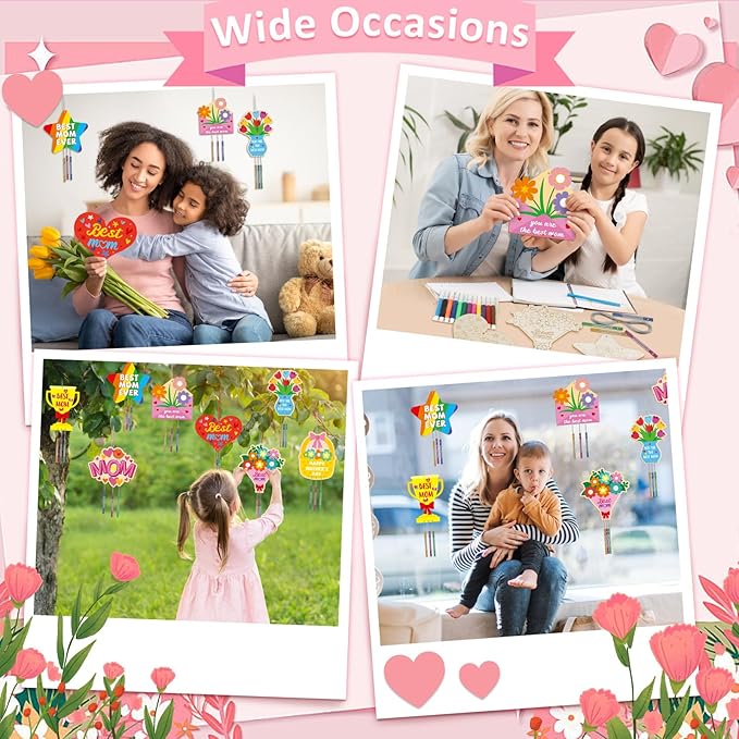gisgfim 16 Pack Mother’s Day Wind Chime Kits Mom Crafts for Kids Make Your Own Best Mom Wind Chime Wooden DIY Arts and Crafts for Mother’s Day Party School Classroom Decor Supplies Birthday Favors