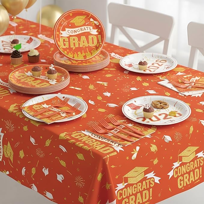Graduation Plates and Napkins Party Supplies 2026 Graduation Decorations for 24,Orange Disposable Grad Plates Class of 2026 Dessert Plates Napkins,Tablecloth,Forks,for Congrats Grad Party Decorations