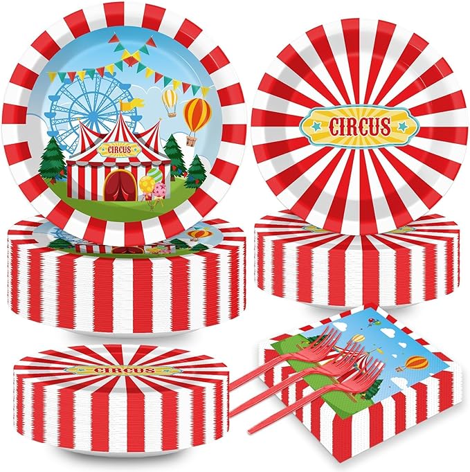 200pcs Circus Party Plates Napkins Forks Carnival Themed Party Tableware Set Red White Party Disposable Paper Dessert Cake Dinnerware Boy Girl Happy Birthday Party Baby Shower Decor Supplies Serves 50
