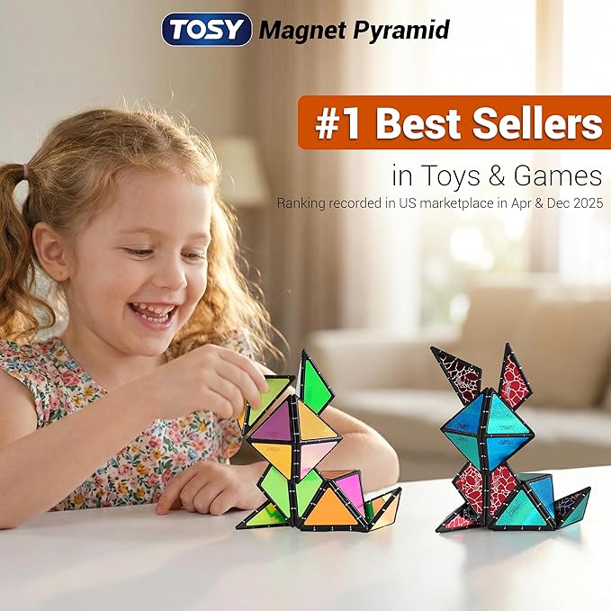 TOSY Magnet Pyramid Stone - 1 Cube Transforms into 1 Billion Shapes (Bunny, Egg Basket, Flowers, Heart), Easter Birthday Gift, 12 pcs, 243 Magnets, Holographic Design, Puzzle/STEM Toy