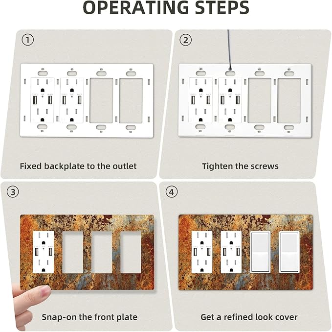 Rust Old Rusty Copper Rustic 4 Gang Quad Rocker/GFCI/Decorator Light Switch Cover Plate Decorative Electric Faceplate Decorative Switchplate Screwless