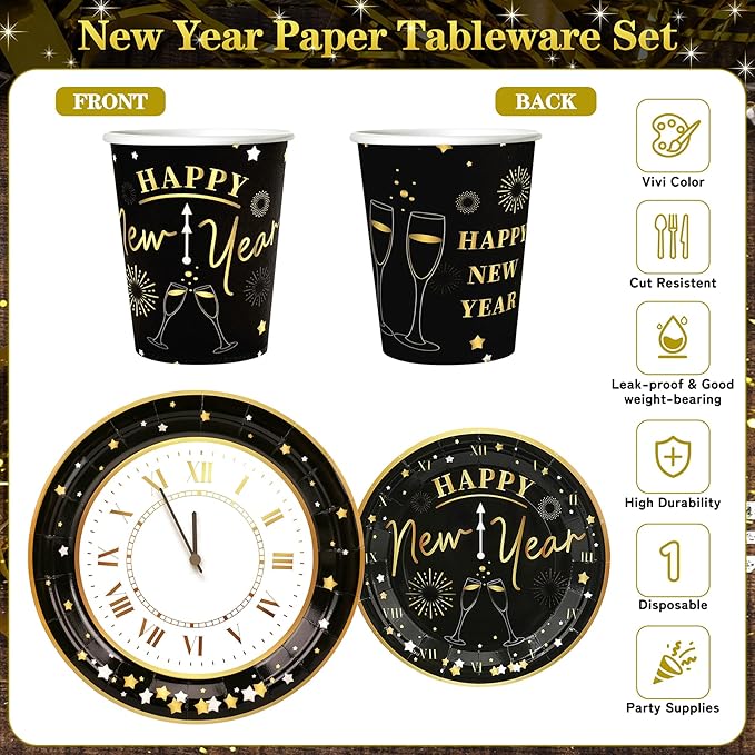 168pcs Happy New Year Party Supplies, Black and White Paper Plates Napkins Cups and Transparent Gold Cutlery for 24 Guests, 2026 New Year Disposable Tableware Supplies for Party Decorations